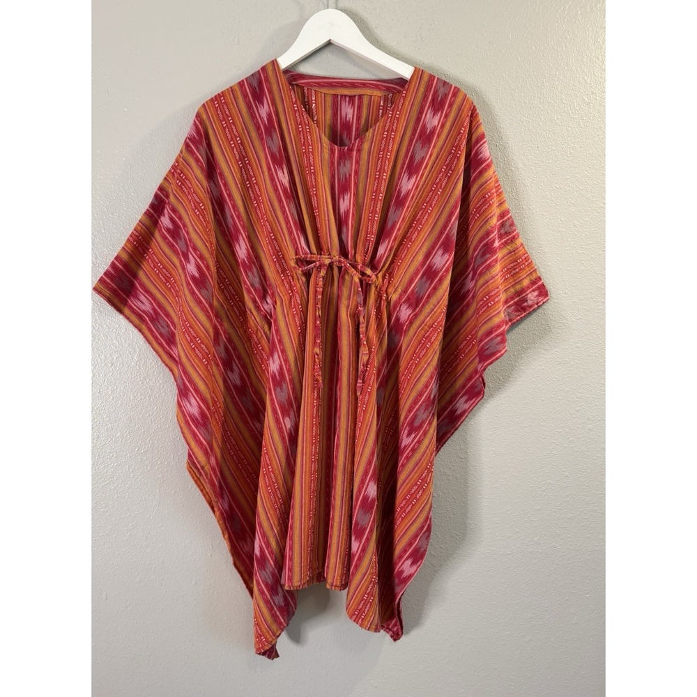 Boho Ikat Stripe Kimono Poncho Top One Size Festival Resort‎ Tie Front Cover Up